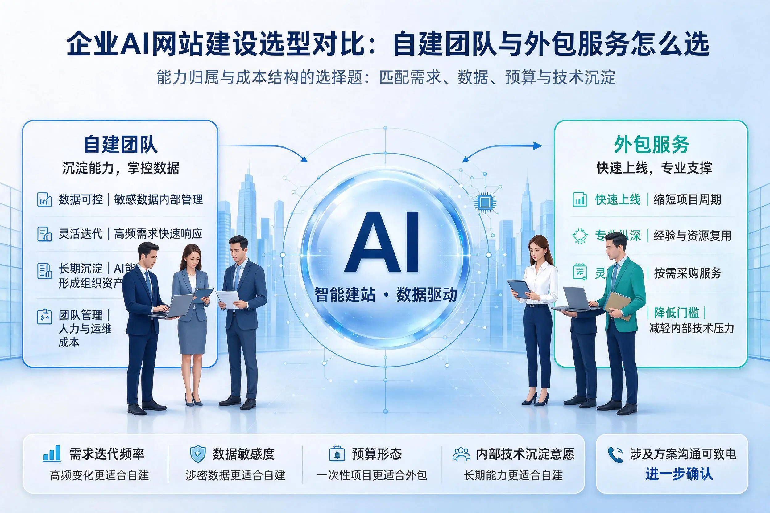 广西企业AI网站建设选型对比：自建团队与外包服务怎么选